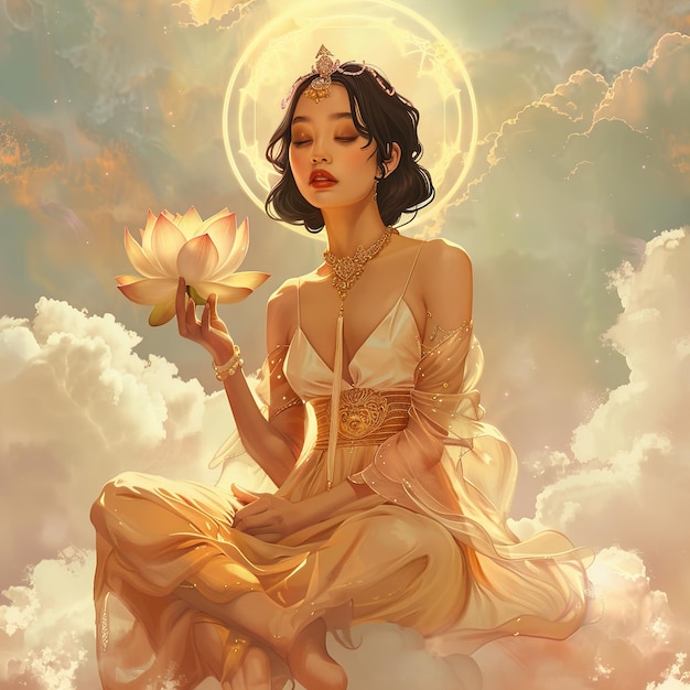 une femme assise dans les nuages avec une fleur de lotus à la main