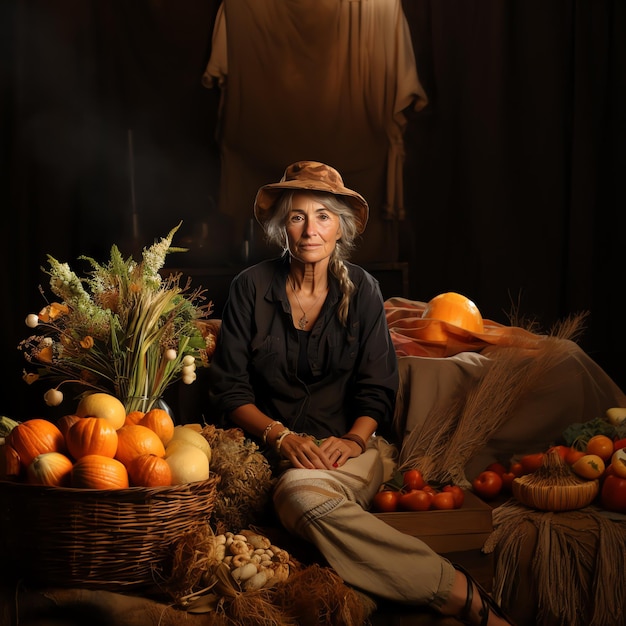 une femme assise dans une pièce avec une variété de fruits