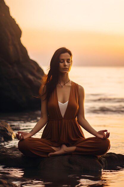 Femme assise dans la position du lotus yoga dans la nature méditation fantaisie relaxation