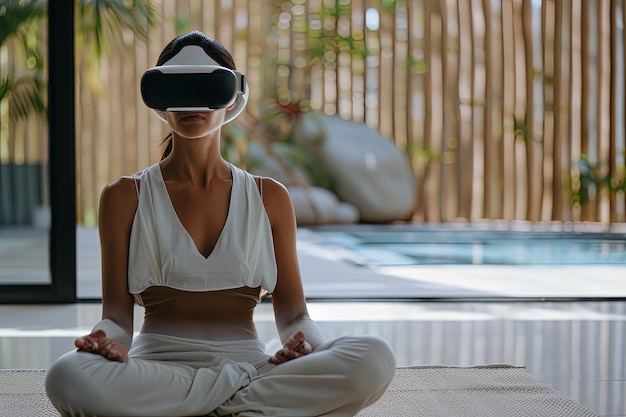 Photo une femme assise dans une position de yoga avec un casque de réalité virtuelle sur la tête