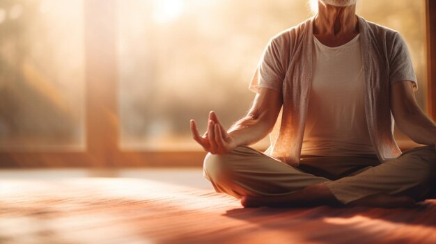 Une femme assise dans une posture de yoga sur le sol dans le cadre de la routine matinale ai