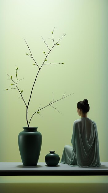 Une femme assise dans une robe noire avec un vase de branches AI générative