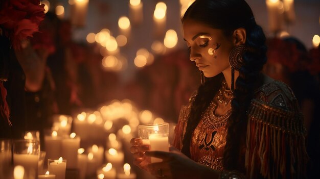 Femme assise dans une salle remplie de bougies Diwali