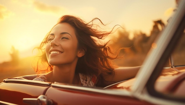 Photo une femme assise dans une voiture rouge avec ses cheveux soufflant dans le vent