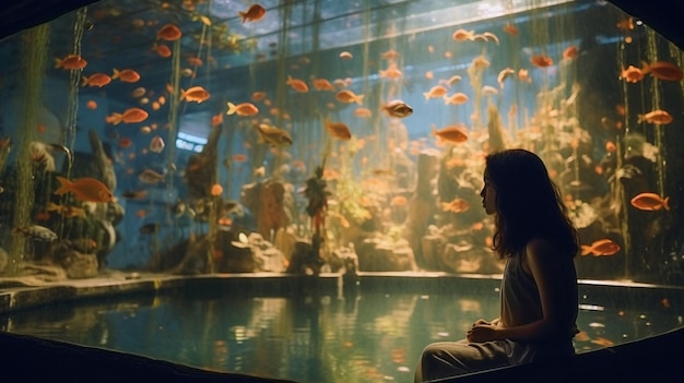 Une femme assise devant un aquarium d'IA générative