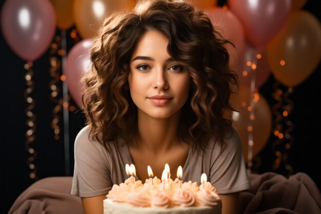 Photo femme assise devant un gâteau avec des bougies ia générative