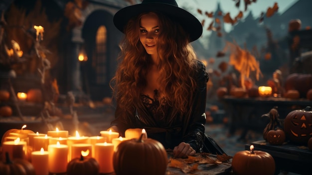 Photo une femme assise devant une table remplie de citrouilles