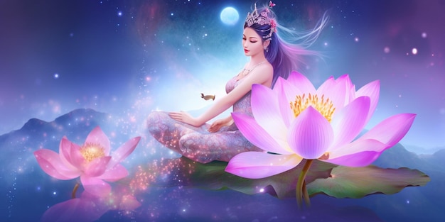 Une femme assise sur une fleur de lotus avec une lune en arrière-plan