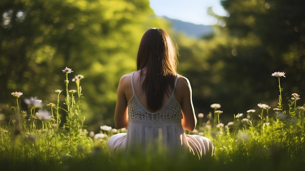 Femme assise sur l'herbe pratiquant des exercices de yoga dans le jardin d'été IA générative