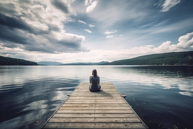 Une femme assise sur une jetée en bois sur un lac dans le matin brumeux AI générative