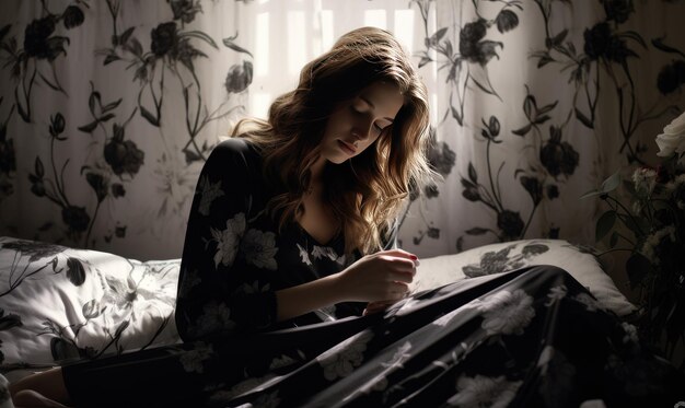 Une femme assise sur un lit à côté de fleurs