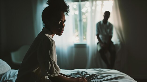 Une femme assise sur un lit dans une pièce sombre