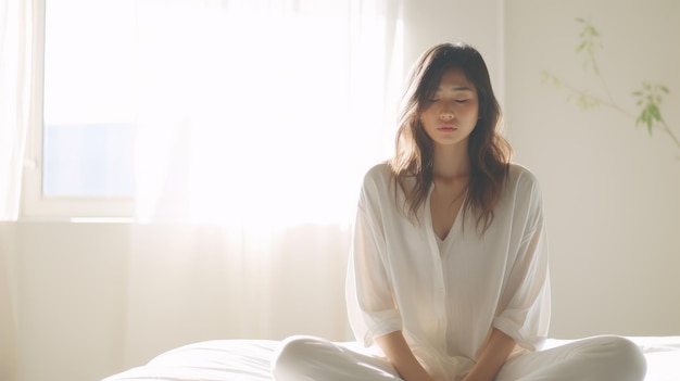 Femme assise sur le lit avec les jambes croisées