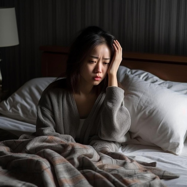 une femme assise sur un lit recouverte d'une couverture