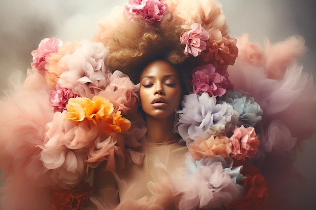 Photo femme assise sur un nuage de fleurs pensée positive esprit créatif estime de soi et santé mentale