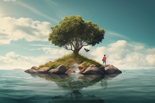 Femme assise sur une petite île dans la mer avec un grand arbre