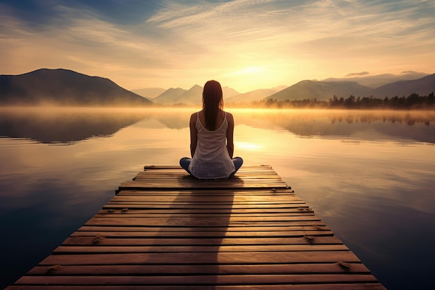 Une femme assise en pose de yoga sur le quai AI générative