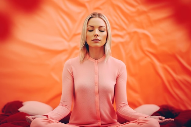 Femme assise en position du lotus, les yeux fermés et les yeux fermés IA générative