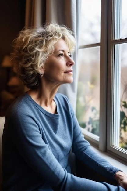 une femme assise près d'une fenêtre qui regarde dehors