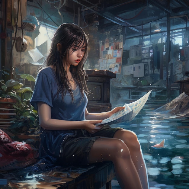 Une femme assise sur un rebord dans un immeuble inondé lit un journal.