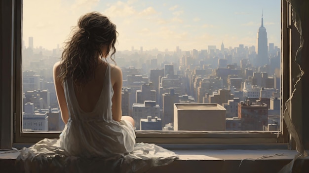Photo une femme assise sur un rebord de fenêtre regardant une ville