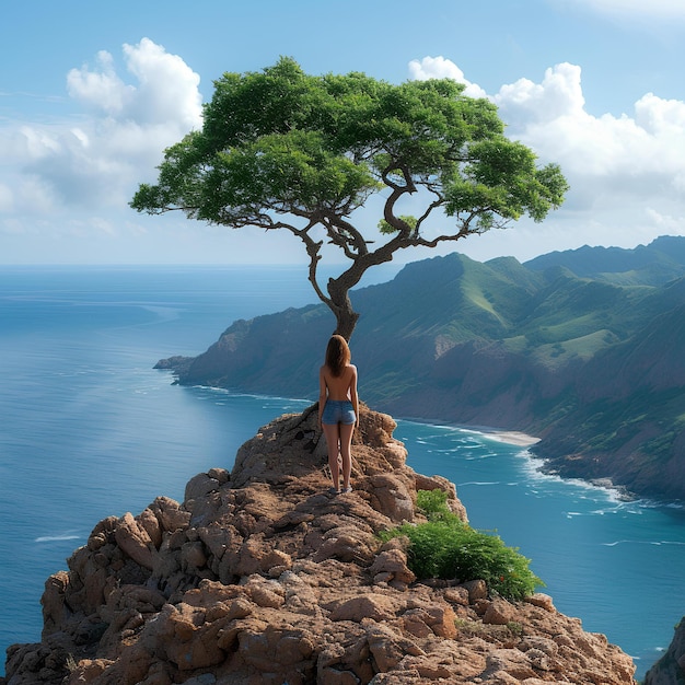 Une femme assise sur un rocher avec un arbre au sommet