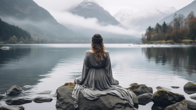 une femme assise sur un rocher devant un lac avec des montagnes en arrière-plan