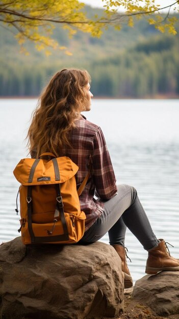 une femme assise sur un rocher donnant sur un lac