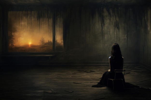 Une femme assise seule devant la porte de la chambre.