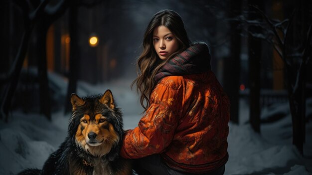 Une femme assise sur le sol avec un chien dans la neige ai