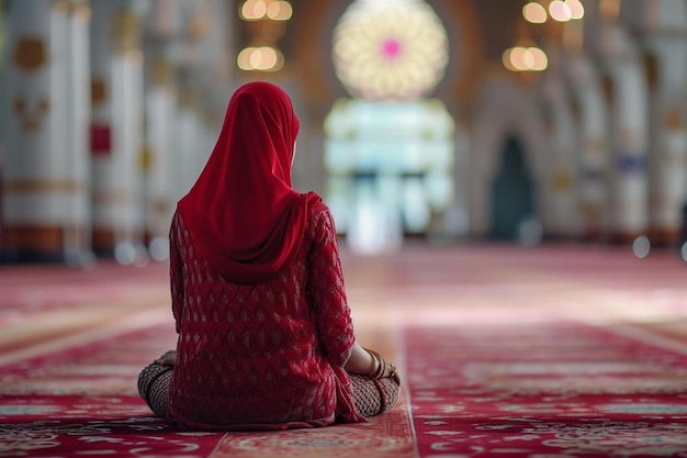 une femme assise sur le sol dans une mosquée