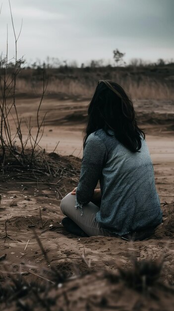 Photo femme assise stérile au sol vue arrière brune perdue dans les pensées santé mentale