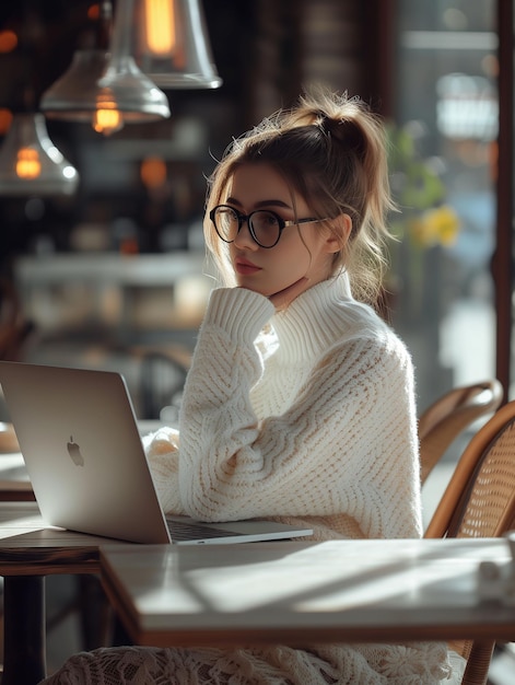 Une femme assise à table à l'aide d'un ordinateur portable