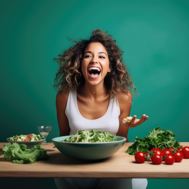 Photo femme assise à table avec bol à salade