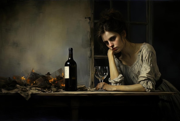 une femme assise à une table avec une bouteille de vin dans le style blanc foncé et ambre.