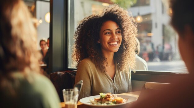 Photo une femme assise à une table dans un restaurant