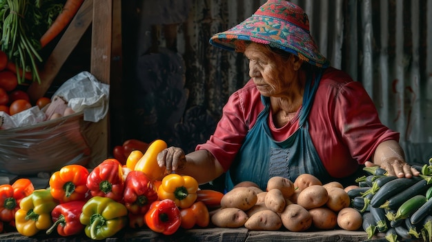 Une femme assise à une table débordant d'une variété de légumes frais et colorés