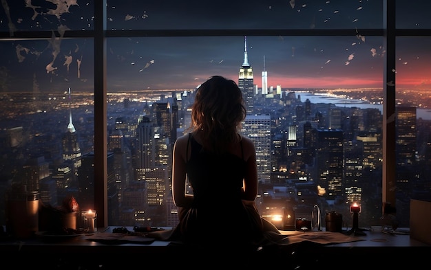 Une femme assise à une table devant une fenêtre AI