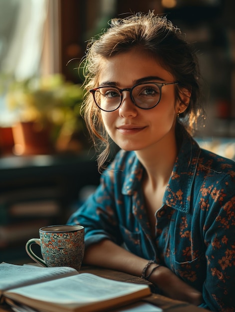 Femme assise à table avec du café