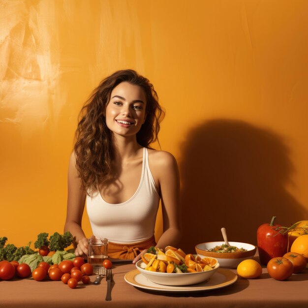 Une femme assise à table avec de la nourriture