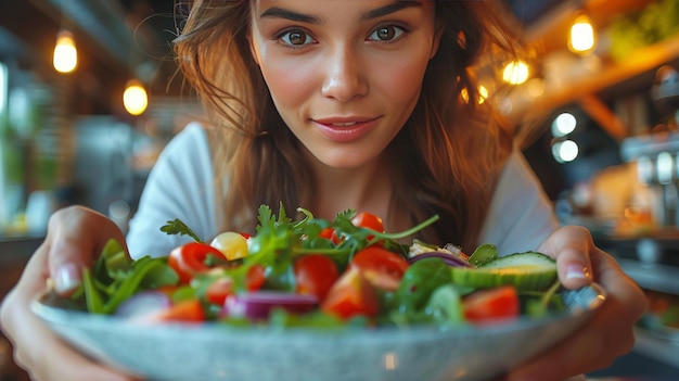 Une femme assise à table avec un plat de nourriture