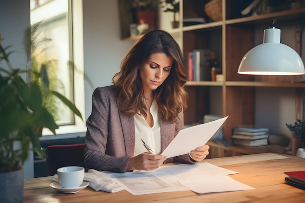 Une femme assise à une table avec un stylo et du papier