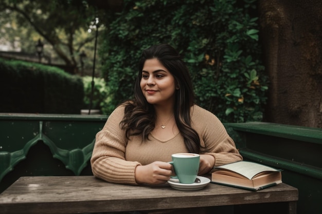 Une femme assise à une table avec une tasse de café image ai générative