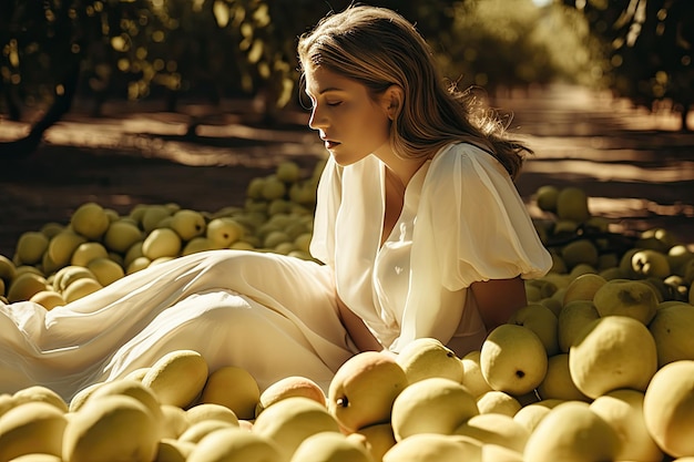 Une femme assise sur un tas de pommes