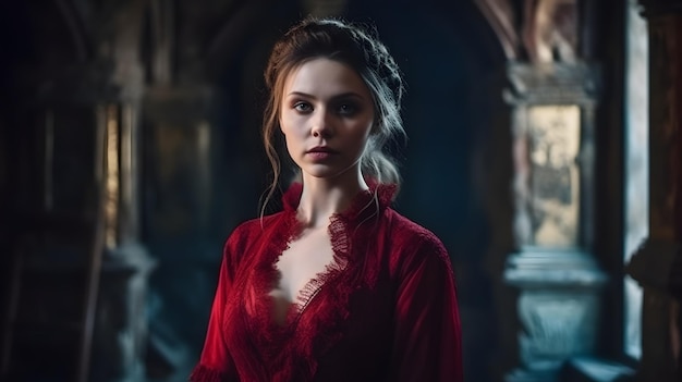 Femme assoiffée de sang dans une robe rouge intérieur médiéval AI générative