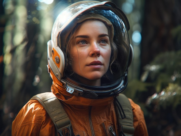 Femme astronaute modèle doux éclairage naturel forêt générative ai