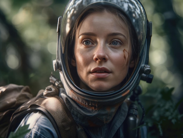 Femme astronaute modèle doux éclairage naturel forêt générative ai