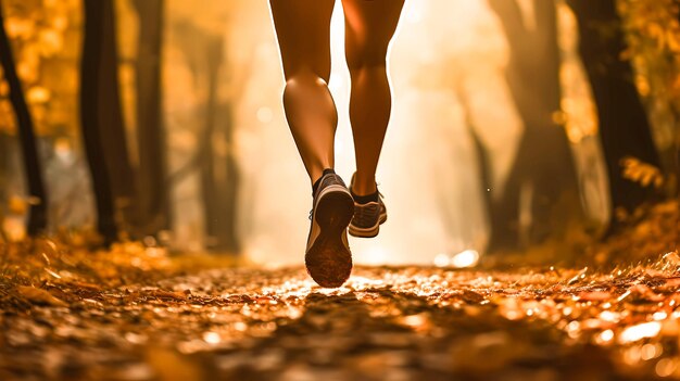 Une femme athlète courant dans ses baskets à travers la forêt en automne.