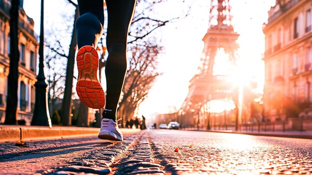 Une femme athlète qui court dans ses baskets dans les rues de Paris avec la tour Eiffel devant elle.