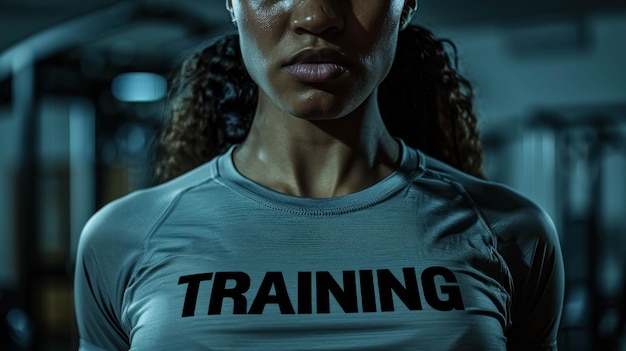 Photo une femme athlétique déterminée à s'entraîner dans une salle de sport et portant un t-shirt marqué 